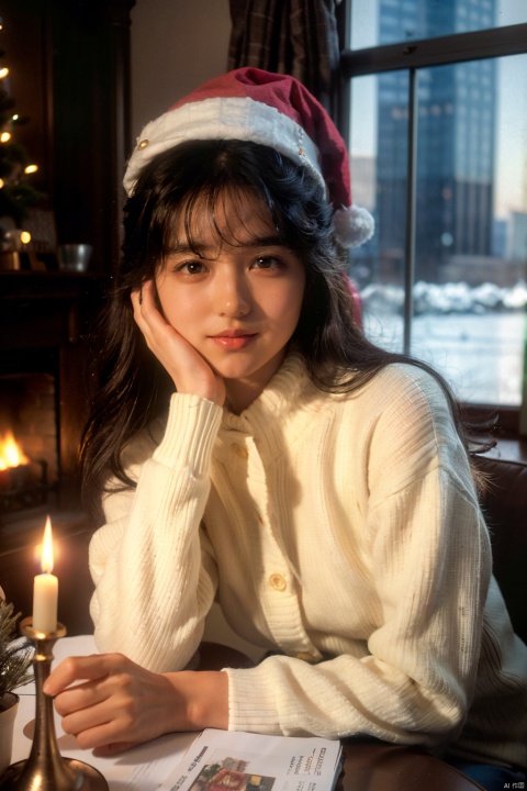 (1girl:1.3), (Extremely cute, Amazing face and eyes), solo, realistic, santa hat, christmas, long hair, fire, long sleeves, red sweater, smile, christmas tree, scenery, fireplace, window, couch, table, indoors, cityscape, christmas lights, christmas ornaments, building, night, chair, city, carpet, lamp, rug, city lights, snowing, stuffed toy, curtains, candle, gift box, stuffed animal, snow, cup, pillow, instrument, skyscraper, sky, teddy bear, cushion, (Best Quality:1.4), photo realistic, raw photos, professional photograpy, focus on girls face, ,little_cute_girl,mecha
