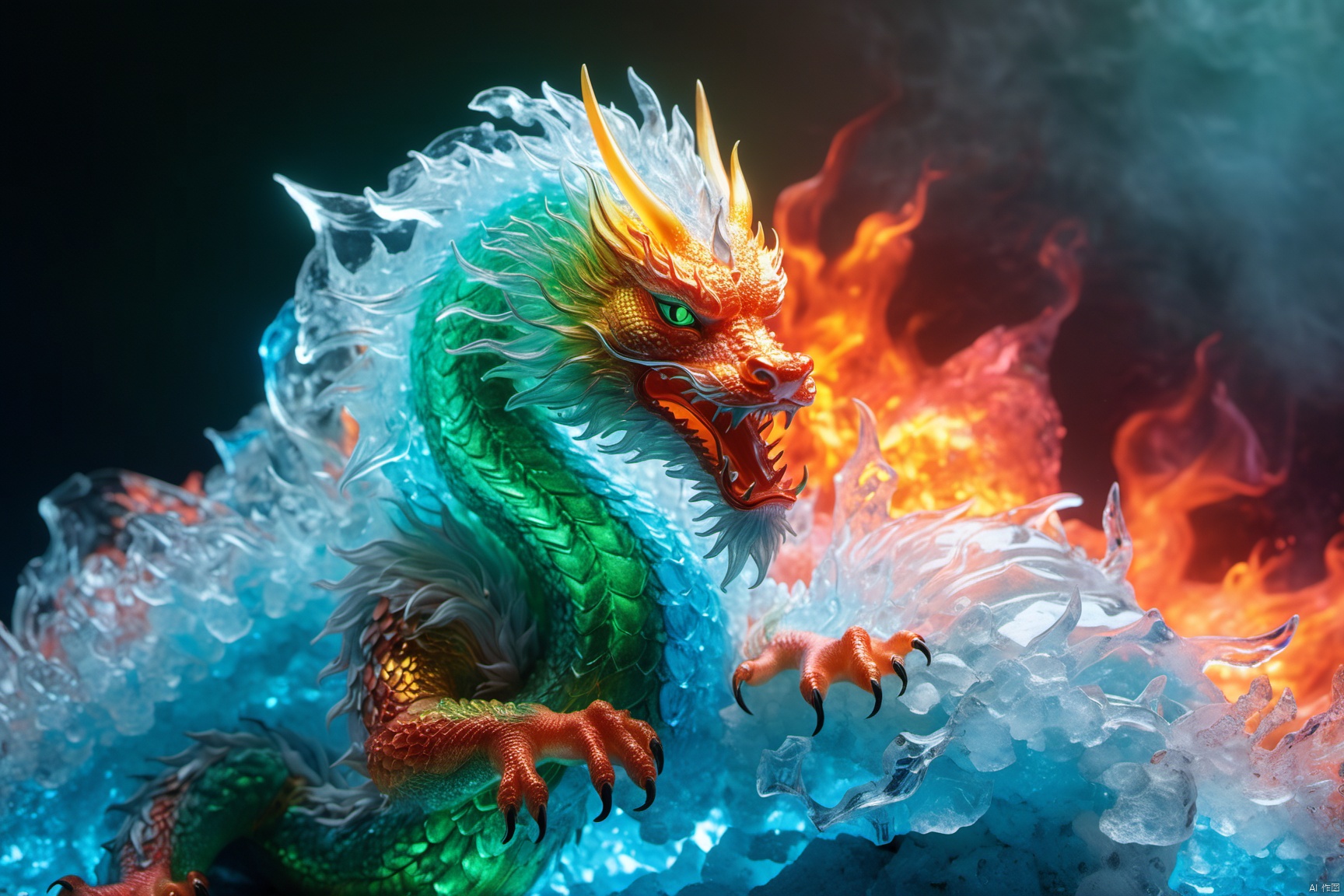  East dragon,chinese dragon,\(Conceptual design\),Half of the organism is made of magma material,Smooth transition,(glowing),lim light,masterpiece,best details,8K,Sharp focus,ray tracing,(ice body:1.3),(Decorateded with ice:1.1),ice_leg,Emitting{green|blue|pink}light_glowing,Smooth transition,,masterpiece,ultra details,ultra quality,Sharp details,3D model,Octane rendering,8K,by Rene Lalique,(body made of ice and magma:1.3),smooth transition,(glowing),masterpiece,best details,8K,Sharp focus,ray tracing,
