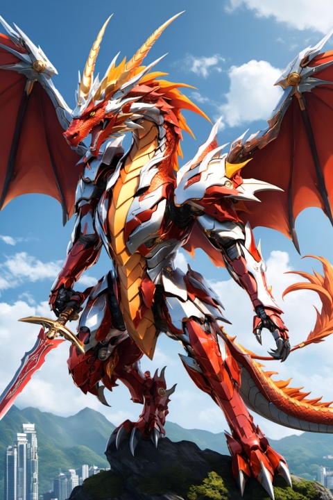  Close up of cartoon dragon holding sword in hand, dragon cyborg, Human and dragon fusion, but as an anthropomorphic dragon, whole body dragon concept, vegetal dragon cyborg, Well-equipped mecha dragon, as an anthropomorphic dragon, Dragon language looking armor, Dragon Knight, legendary dragon, Charming Female Angel Digimon, flying dragon, Dragon language,A huge orange dragon stands on two wings, Shirou&#39;s authentic style, light white and light red, dynamic poses, Cartoon meen scene, Light silver and red, Machine-like precision, light beige and red, in the style of light gold and red, Anime mecha, dragon art, dignified poses, Meticulous technology, Unreal Engine 5, Windows XP, Light silver and light red style, Yasuhiro Yoru, Ricoh R1, light beige and orange, whole body, aerodynamic design, Vivid color scheme, light orange and light crimson style, Anime mecha, light gold and red, dignified poses, New line added, chrome plating, Stylish clothing design