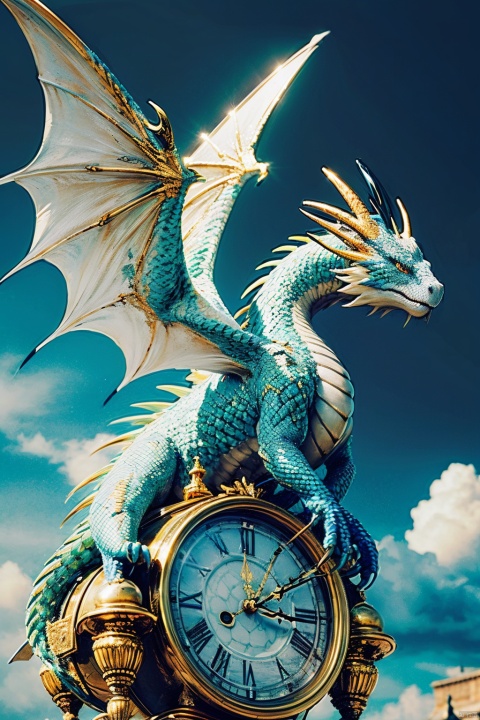 A dragon with intricate scales, majestic wings, and piercing eyes, soaring above a grand clock tower. The clock tower stands tall and proud, adorned with intricate details and surrounded by a vibrant cityscape. The dragon's wings are spread wide, casting a shadow on the enchanting streets below. The clock on the tower shows the passage of time, with the hands gracefully moving, symbolizing the eternal nature of the dragon. The dragon's wings glisten with an iridescent shimmer, as if made from the finest gemstones. The scene is bathed in warm sunlight, illuminating the clock tower and reflecting off the dragon's scales, creating a mesmerizing play of light and color. The colors in the scene are vibrant and vivid, with a touch of fantasy, emphasizing the magical nature of the dragon and its surroundings. The overall ambiance is one of wonder and awe, capturing the viewer's imagination and evoking a sense of adventure and mystery.