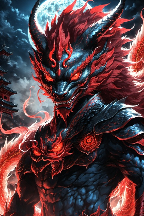  Close-up of red dragon, eyes glow, Background Black, nine tails, Akira in Chinese Mythology, with red glowing eyes, villain wearing a red them mask,红eyes glow, Dragon in the background, them, flying dragon, red glowing eyes, Joe Mongandel, Dragon as background, afro samurai anime style,