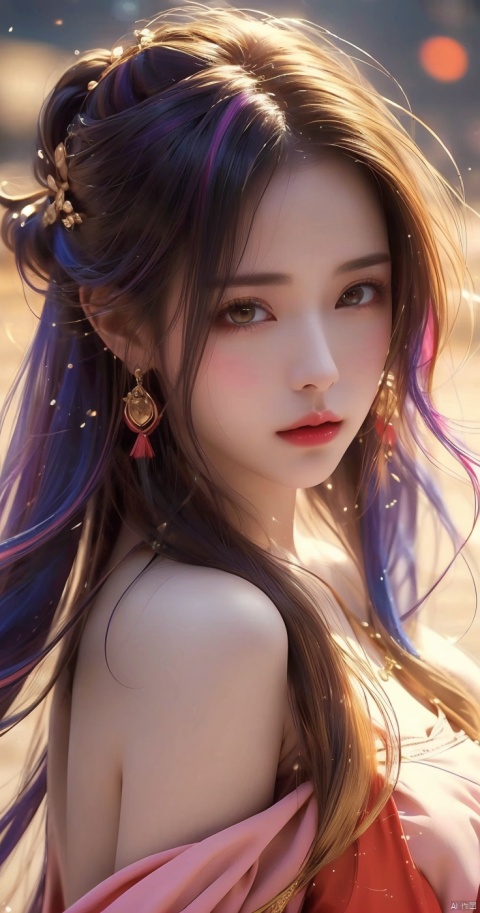  1girl,Bangs, off shoulder, colorful_hair, ((colorful hair)),golden dress, yellow eyes, chest, necklace, pink dress, earrings, floating hair, jewelry, sleeveless, very long hair,Looking at the observer, parted lips, pierced,energy,electricity,magic,tifa,sssr,blonde hair,jujingyi, wangyushan, dofas, 1 girl