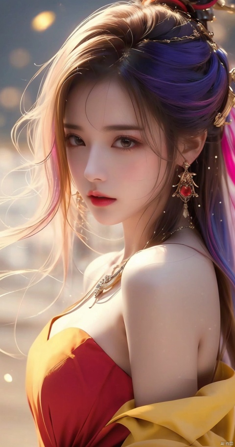  1girl,Bangs, off shoulder, colorful_hair, ((colorful hair)),golden dress, yellow eyes, chest, necklace, pink dress, earrings, floating hair, jewelry, sleeveless, very long hair,Looking at the observer, parted lips, pierced,energy,electricity,magic,tifa,sssr,blonde hair,jujingyi, wangyushan, dofas, 1 girl