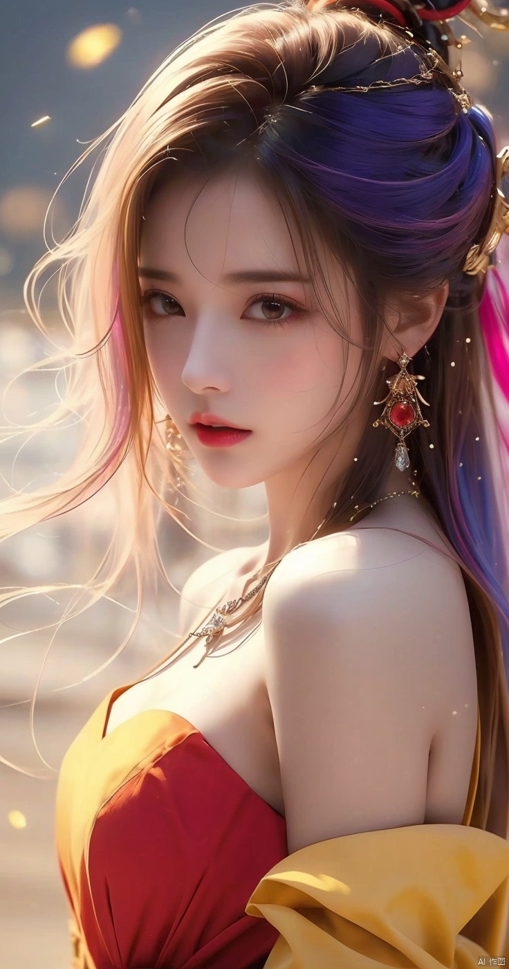  1girl,Bangs, off shoulder, colorful_hair, ((colorful hair)),golden dress, yellow eyes, chest, necklace, pink dress, earrings, floating hair, jewelry, sleeveless, very long hair,Looking at the observer, parted lips, pierced,energy,electricity,magic,tifa,sssr,blonde hair,jujingyi, wangyushan, dofas, 1 girl