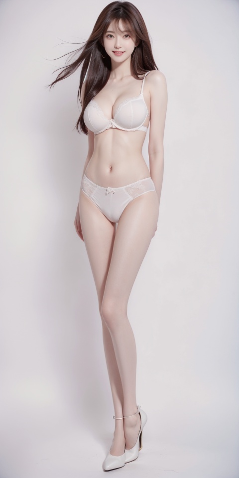  RAW photo,best quality,masterpiece,realisitc skin texture,professional photography,ultra high details,32K,1girl, long hair,big_boobs,Perfect bust,smile,white background,high heels,long legs,full_body,nsfw,standing,scantily clad, 1girl, wangyushan,Sexy underwear