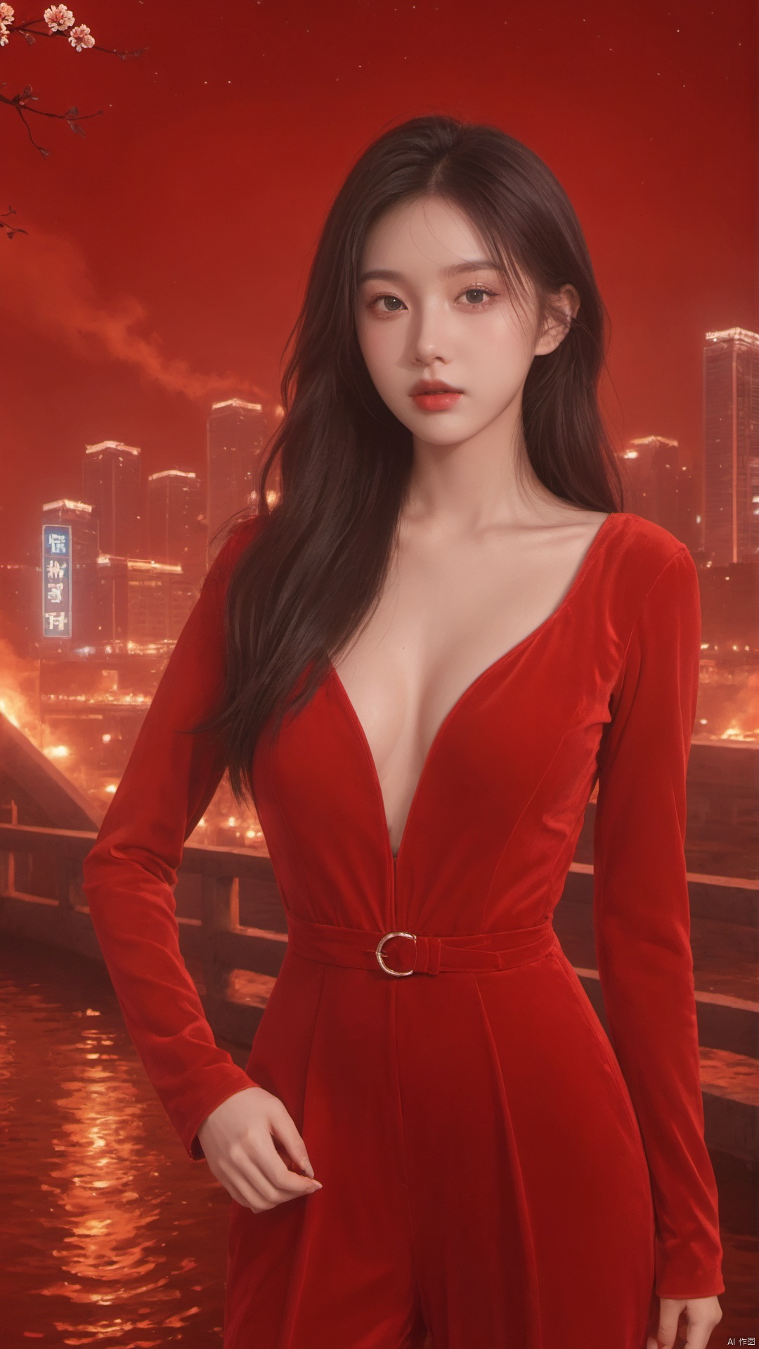  scenery,city,building, cityscape,skyscraper, night,city lights,outdoors,bridge,science fiction, water,chongqing,1girl,long hair, black hair, lips, realistic,Velvet jumpsuit, plunging neckline, heels,large breasts,cleavage, arafed image of a woman,very pretty model, chinese girl, she is korean, lariennechan, 1 8 yo, beautiful asian girl, lovely woman, pretty face, asian decent, slender girl, attractive girl, gorgeous chinese model,photoshop \(medium\), realistic,best quality, high quality, , jastyle, MAJICMIX STYLE,Half body photo, zgirl, fire element, xwhd, Red festive wallpaper