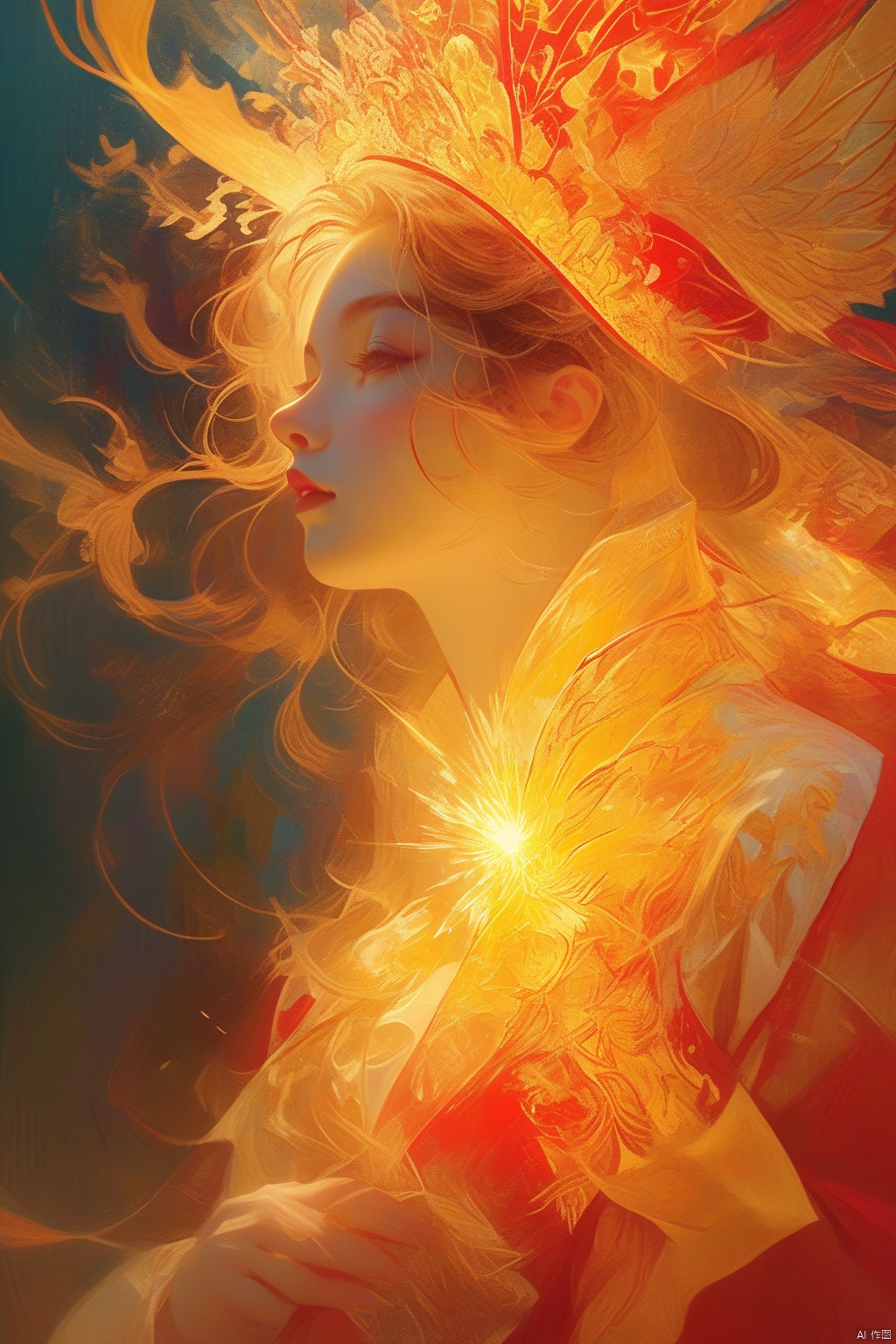 A detailed, complex, chaotic and blurred pattern, with red burning light, yellow shining outline, having the mystery of Tyndall light and also the magic of radiant light, intricate details, the integration of the whole and colors, one girl.