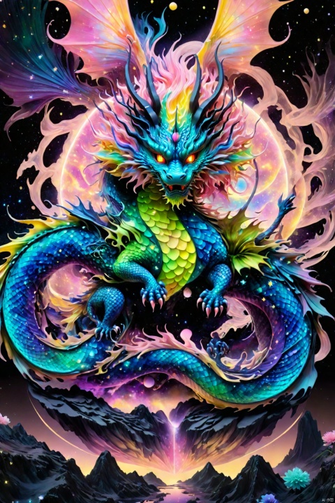  （The mythical Chinese dragon：1.24）,epic, black, neon green, blue, thin lines, x-ray effect, threads, fairytale landscape, hyperrealism, micro-details, surreal, detailing, transparent watercolor+ink, pastel shades, clear outline, stardust, incredible beautiful landscape, dark botanical,dark fantasy,multicolor,multilayer, 3d, threads, fibers, engraving, color illustration, star map, moon, volumetric, unusual fluffy flowers, anhei,kawaiitech, pastel colors, kawaii, cute colors, more prism, vibrant color, (extremely best masterpiece), (ultimate best quality), (perfect anatomy), vivid, ultra beauty, (1girl), nice hands, perfect hands, highres, (very cute chibi girl), (chibi girl), (heart), pink pleated dress, white jacked, hood up, animal hood, black thigh highs, black loafers, (outstretched arms), (wanting a hug), open mouth, happy face, pink eyes, full body, cowboy shot, yellow hair, long hair, bangs, pink abstract background, pastel background, kawaii background, cute creatures in background, cute overall, more prism, vibrant color