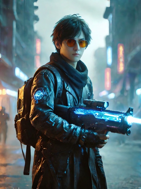 (Whole body: 2), front view, short hair, 1 boy, casual suit, vigilant observation around, male focus, outdoor bag, earphone, backpack, city, sunglasses, ground vehicles, buildings, motor vehicles, led decorations in the middle of hair, Lida, 1 boy,RPG,閽熺, xingtian, bioluminescent, UFO,glowing, mystery, SDS_GLOW_BACKDROP, wielding a futuristic assault rifle, messy hair, lineart style,solo, bl4ckl1ghtxl