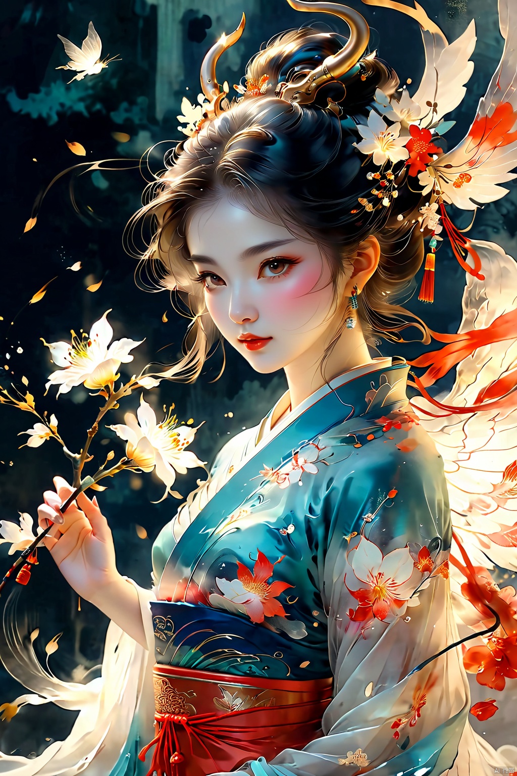 Chinese painting,Ethereal beauty, ink wash painting, ink splashes,Gongbi,Delicate brushwork,Zen simplicity, high quality, masterpiece, ultra-high resolution, incredible composition, extremely detailed, crazy details, a girl, demon wings **** of flowers, luminous horns, beautiful face, perfect female body, (skirt **** up of flowers:1.5), translucent body, pet luminous, gradient, contour light, light particles, award winning art, Flat fashion, anangc, between_breasts