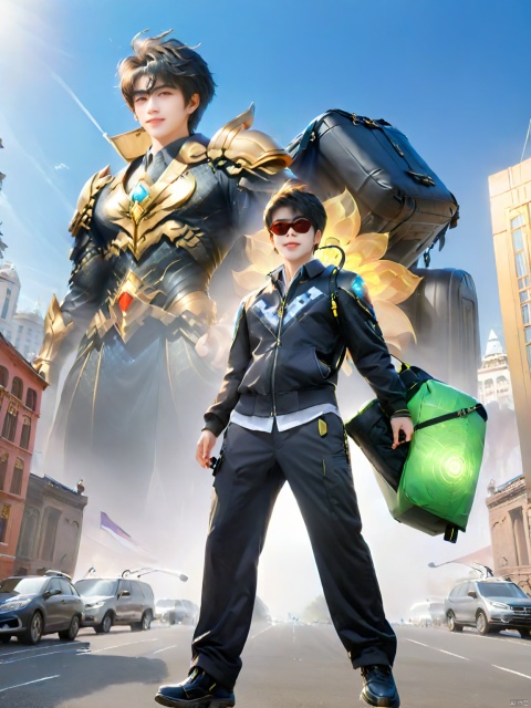 (Whole body: 2), front view, short hair, 1 boy, casual suit, vigilant observation around, male focus, outdoor bag, earphone, backpack, city, sunglasses, ground vehicles, buildings, motor vehicles, led decorations in the middle of hair, Lida, 1 boy, RPG,閽熺