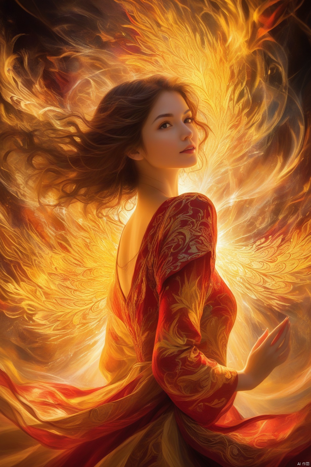 A detailed, complex, chaotic and blurred pattern, with red burning light, yellow shining outline, having the mystery of Tyndall light and also the magic of radiant light, intricate details, the integration of the whole and colors, one girl.