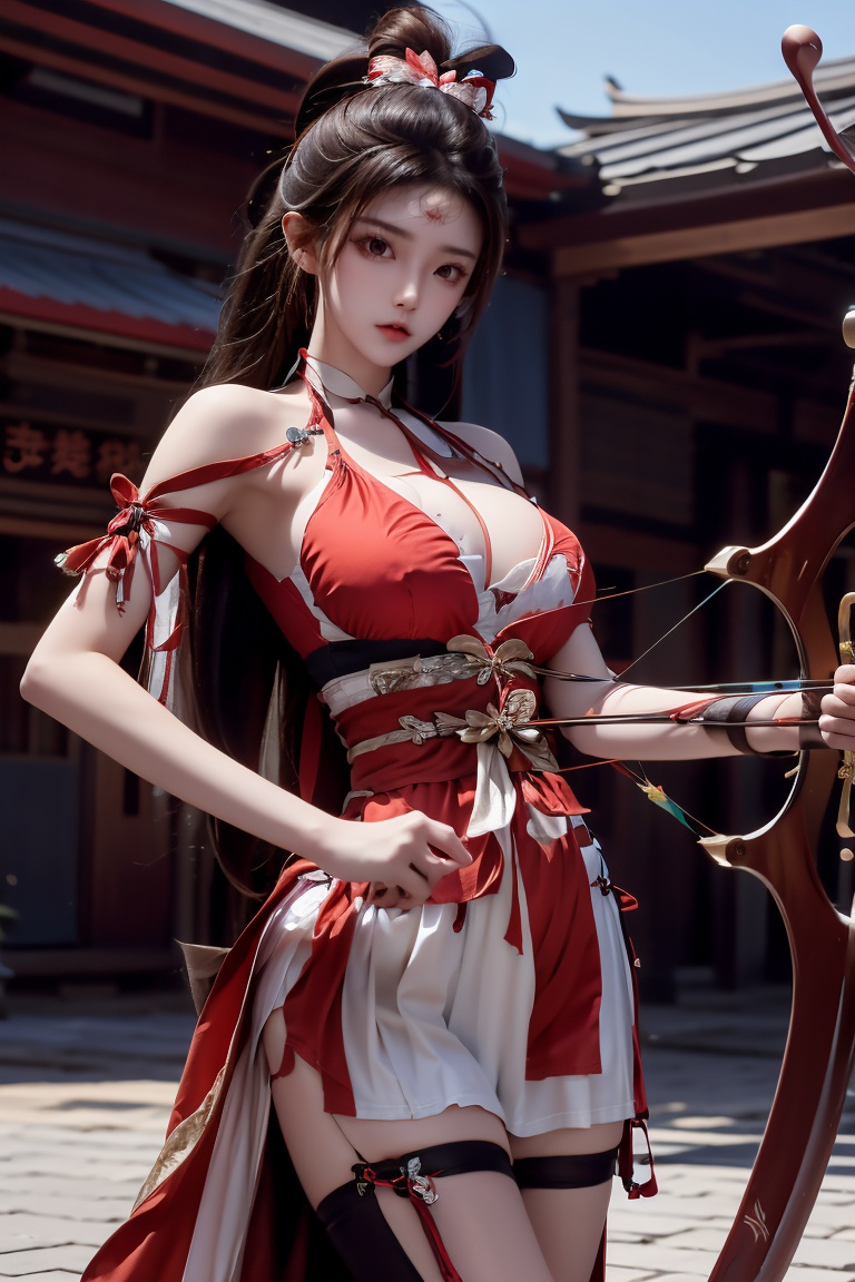  1girl,big_breasts, tassels,hair sticks,holding(Deep red bow  and arrow:1.2),aiming and focusing,powerful and graceful gesture,liuqiyue,moyou