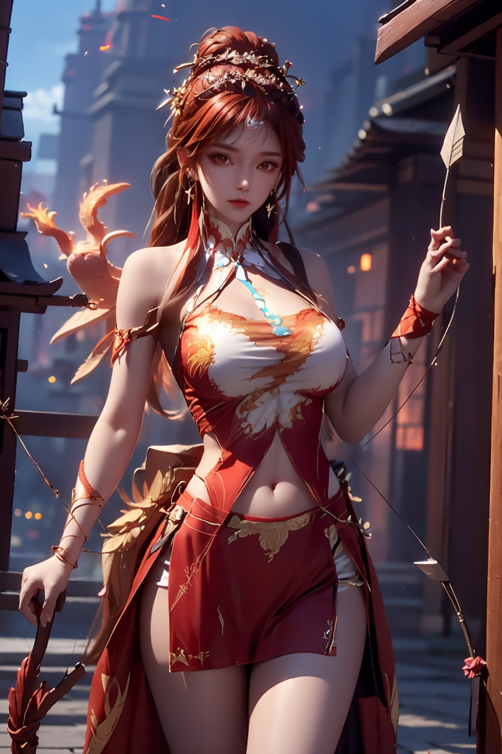  1girl,big_breasts, tassels,hair sticks,(drawing a Phoenix arrow pouch weapon:1.2), (Phoenix Divine Bow:1.2),holding(bow and arrows:1.2),aiming and focusing,powerful and graceful gesture,liuqiyue,moyou, lqy