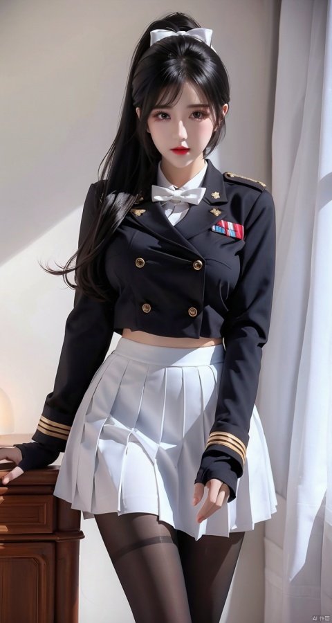  1girl, mature female, solo, looking at viewer, lace, strong rim light,(Indoor | Palace | Hall | Bedroom),gaoxiong, thighband pantyhose, uniform, black hair, ponytail, white gloves, military uniform, pleated skirt, bow, black pantyhose, hair bow, large breasts, very long hair, miniskirt, panties under pantyhose, sheath, underwear,, long sleeves, white skirt, bangs, buttons, double-breasted, white bow, sheathed,Blue,Punk