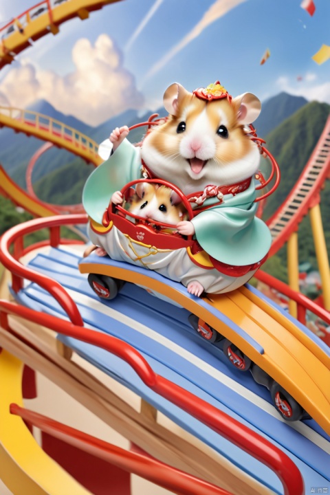  
(best quality, realistic), Two hamster, Above the twisting mountain range, a roller coaster cuts through the sky like a dazzling silver track. Two hamster, dressed in vibrant Hanfu, joyfully sit on top of the coaster. Their eyes sparkle with excitement, their mouths curve into happy smiles, micro landscape