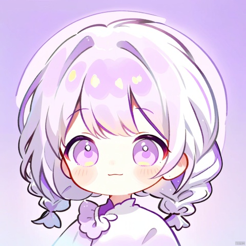 A whimsical chibi scene unfolds: a beaming young girl with gleaming white braids tied at the nape, her closed mouth curved upwards in a joyful smile. Against a soothing purple backdrop, her tiny form is framed by soft, serene atmospheric lighting that radiates positivity. Her happy face glows warmly amidst the gentle hues, exuding warmth and contentment.