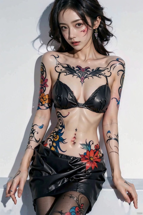  offcial art, colorful, Colorful background, splash of color, from bottom,A beautiful woman with delicate facial features, The chest is large, tattoo all over body, Flower arms, Colorful and colorful silks cover the body, The looming body, Sideways photo,SAIYA,((Ylvi-Tattoos,tattoos)), blackpantyhose, ((poakl))