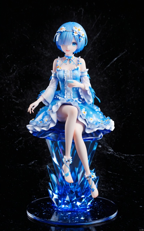  (masterpiece), (best quality), illustration, ultra detailed, hdr, Depth of field, (colorful),
PVC, 1girl, blue eyes, blue hair, solo, dress, barefoot, hair ornament, rem (re:zero), sitting, hair over one eye, short hair, looking at viewer, choker, bow, ankle cuffs, bare shoulders, hair flower, black background, full body, smile, blue dress, hair bow, faux figurine, detached sleeves, open mouth, flower, breasts, bangs, x hair ornament, alternate costume,