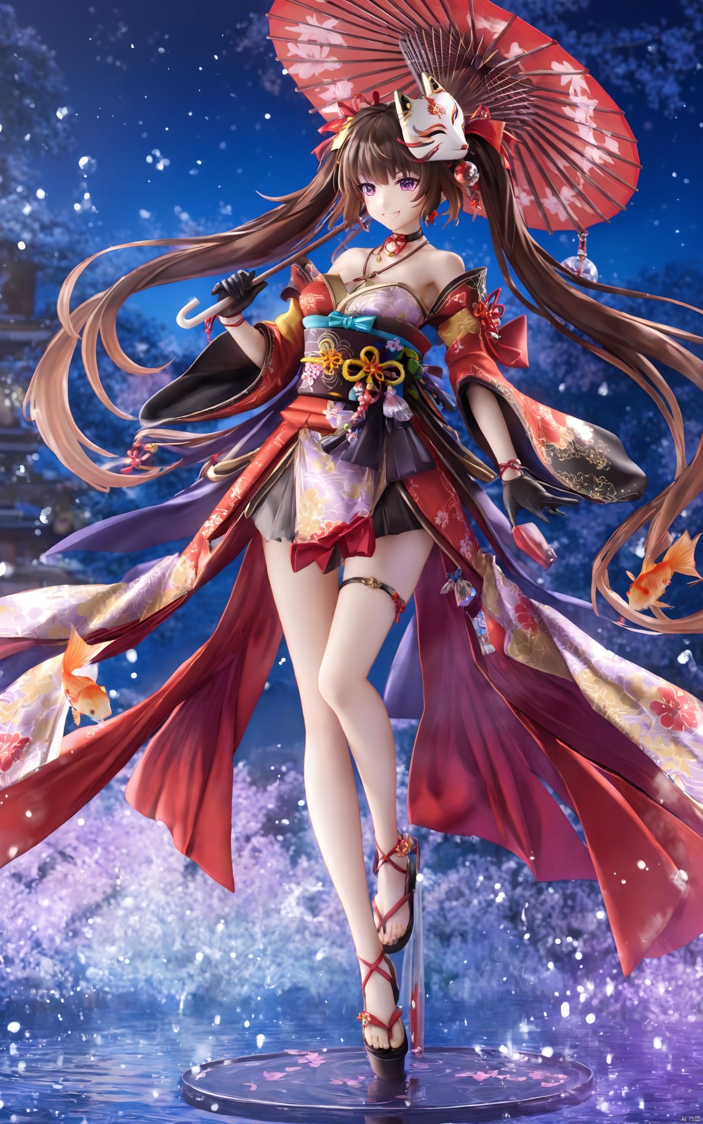  (masterpiece), (best quality), illustration, ultra detailed, hdr, Depth of field, (colorful),
PVC, 1girl, sparkleSR,sparkleSR,long hair,breasts,bangs,brown hair,gloves,holding,bare shoulders,twintails,very long hair,purple eyes,japanese clothes,choker,black gloves,kimono,grin,sash,mask,umbrella,obi,sandals,fish,holding umbrella,mask on head,red kimono,oil-paper umbrella,half white half red fox mask,goldfish,golden pattern_clothing,flaky hem,leg loop
, sparkle \(honkai: star rail\)