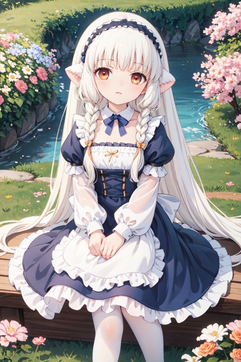  1girl,long_hair,braid,dress,frills,twin_braids,thighhighs,blue_dress,very_long_hair,apron,frilled_dress,looking_at_viewer,long_sleeves,lolita_fashion,hairband,orange_eyes,maid,ribbon,white_hair,flat_color,no_shoes,bangs,puffy_sleeves,breasts,juliet_sleeves,petticoat,chobits chi,chobits eyes,chobits hair tubes,flowers,garden,masterpiece,best quality, ray tracing,loli, Anime