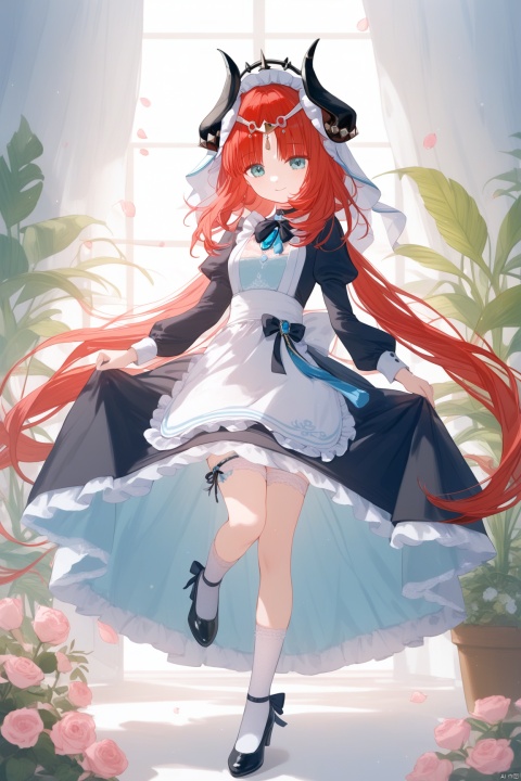  loli,masterpiece,best quality,high quality, 1girl, solo, long hair, breasts, looking at viewer, smile, bangs, blue eyes, long sleeves, dress, bow, ribbon, medium breasts, very long hair, closed mouth, standing, full body, flower, red hair, frills, horns, alternate costume, choker, socks, puffy sleeves, black footwear, apron, black dress, high heels, aqua eyes, maid, maid headdress, black ribbon, black bow, rose, leg up, standing on one leg, frilled dress, plant, white socks, juliet sleeves, waist apron, white apron, pink flower, maid apron, puffy long sleeves, enmaided, skirt hold, potted plant, nilou \(genshin impact\)