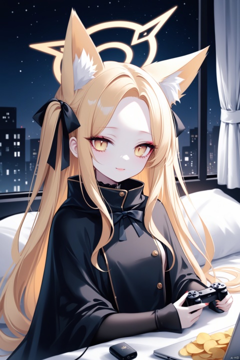  [iumu],[Sheya],[Artist chen bin],seia (blue archive),1girl,solo,face close-up,alternate costume,animal ear fluff,naked poncho,loose,naked capelet,sideboob,bed,light smile,bare shoulder,hair ribbon,blonde hair,  yellow eyes, animal ear fluff, parted bangs, fox ears,  forehead, shirt,halo,laptop,gamepad,phone,chips,food,curtains,window,bow,Black Theme,night, best quality, amazing quality, very aesthetic, absurdres,seiaBA