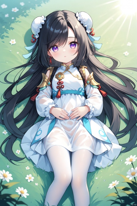  1girl, loli,chibi,solo, long hair, black hair,looking at viewer, bangs, hair ornament, long sleeves, dress, very long hair, purple eyes, flower, outdoors, lying, day, on back, hair bun, blurry, bell, double bun, depth of field, sunlight, grass, tassel, jingle bell, blurry foreground, bun cover, hand on own stomach,white pantyhose,wet dress,wet clothes,wet, see-through,shenhe \(genshin impact\),
