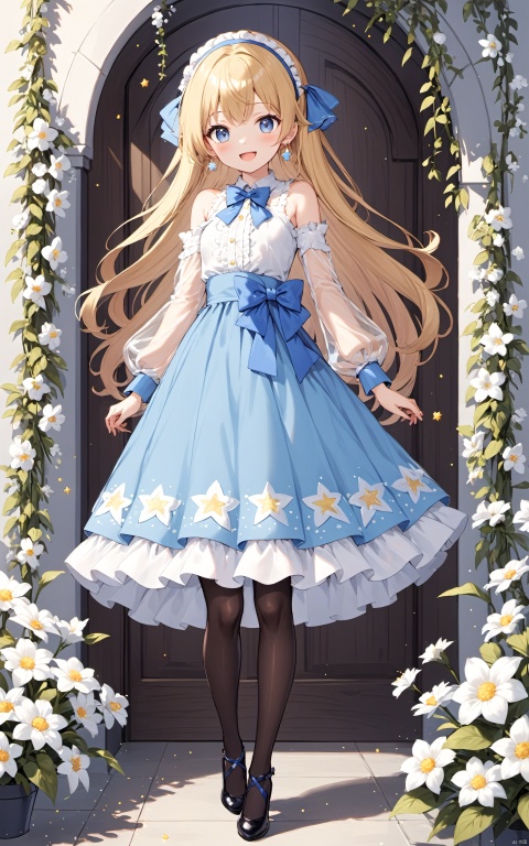1girl, solo, long hair, looking at viewer, smile, open mouth, bangs, blue eyes, skirt, blonde hair, shirt, long sleeves, dress, bow, bare shoulders, jewelry, standing, full body, white shirt, flower, :d, pantyhose, hairband, earrings, frills, detached sleeves, shoes, puffy sleeves, bowtie, star \(symbol\), black footwear, blue skirt, see-through, black pantyhose, blue bow, white flower, puffy long sleeves, high-waist skirt, blue bowtie, blue hairband, see-through sleeves,loli