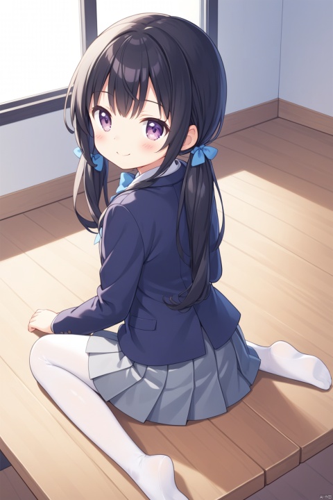  1girl, solo, long hair, looking at viewer, blush, smile, bangs, skirt, shirt, black hair, long sleeves, bow, twintails, sitting, very long hair, closed mouth, school uniform, purple eyes, jacket, full body, pantyhose, pleated skirt, indoors, bowtie, low twintails, blue bow, no shoes, table, blazer, grey skirt, white pantyhose, wooden floor, blue bowtie,shoulder,loli,looking back, from behind,Kantoku