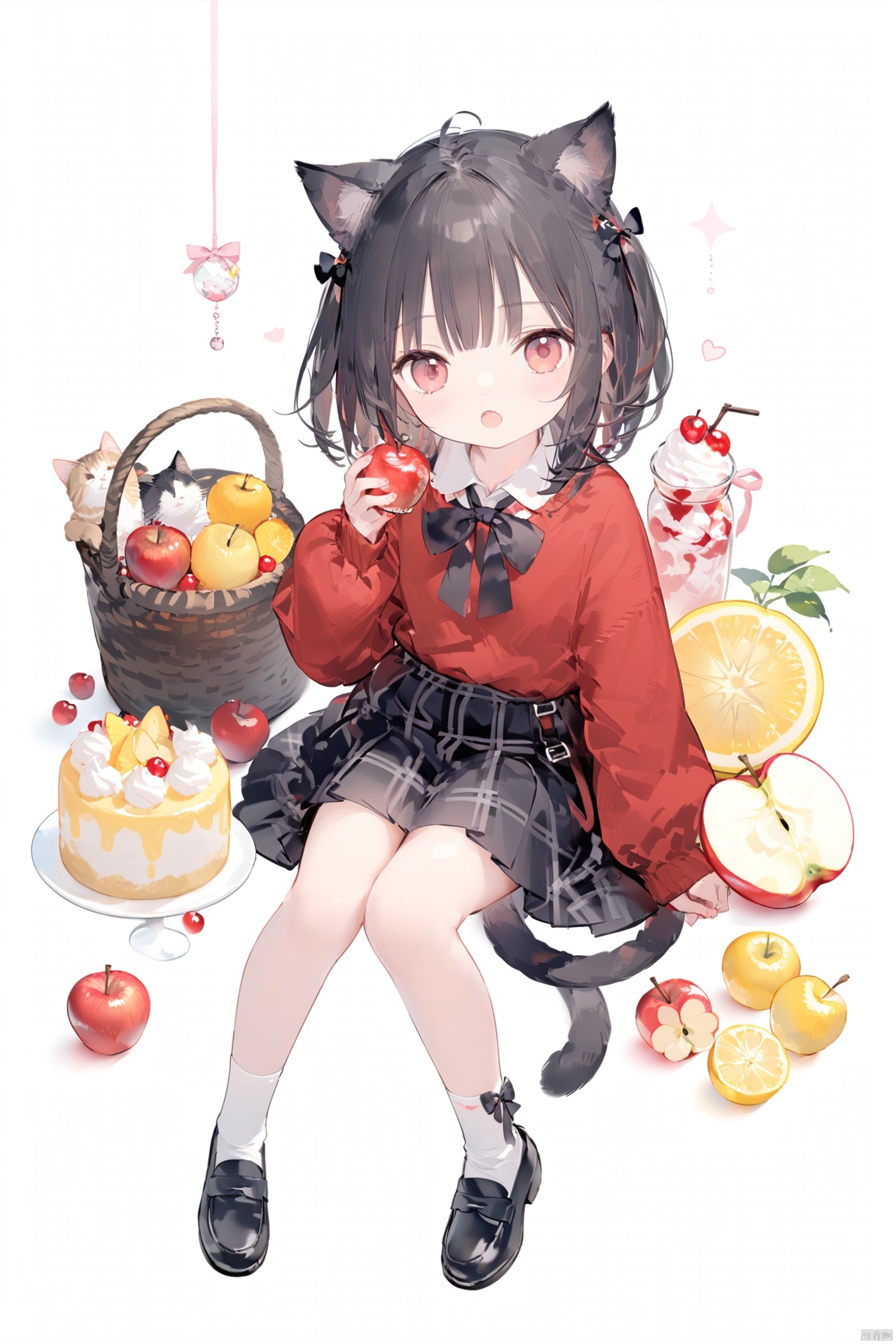 1girl, solo, looking at viewer, blush, short hair, open mouth, bangs, skirt, shirt, black hair, hair ornament, red eyes, long sleeves, white background, bow, holding, animal ears, sitting, tail, full body, ahoge, hair bow, pleated skirt, food, shoes, socks, puffy sleeves, cat ears, black skirt, black footwear, sweater, two side up, cat tail, animal ear fluff, plaid, bell, black bow, fruit, plaid skirt, holding food, cat girl, white socks, loafers, red shirt, jingle bell, puffy long sleeves, apple, holding fruit, red sweater,loli