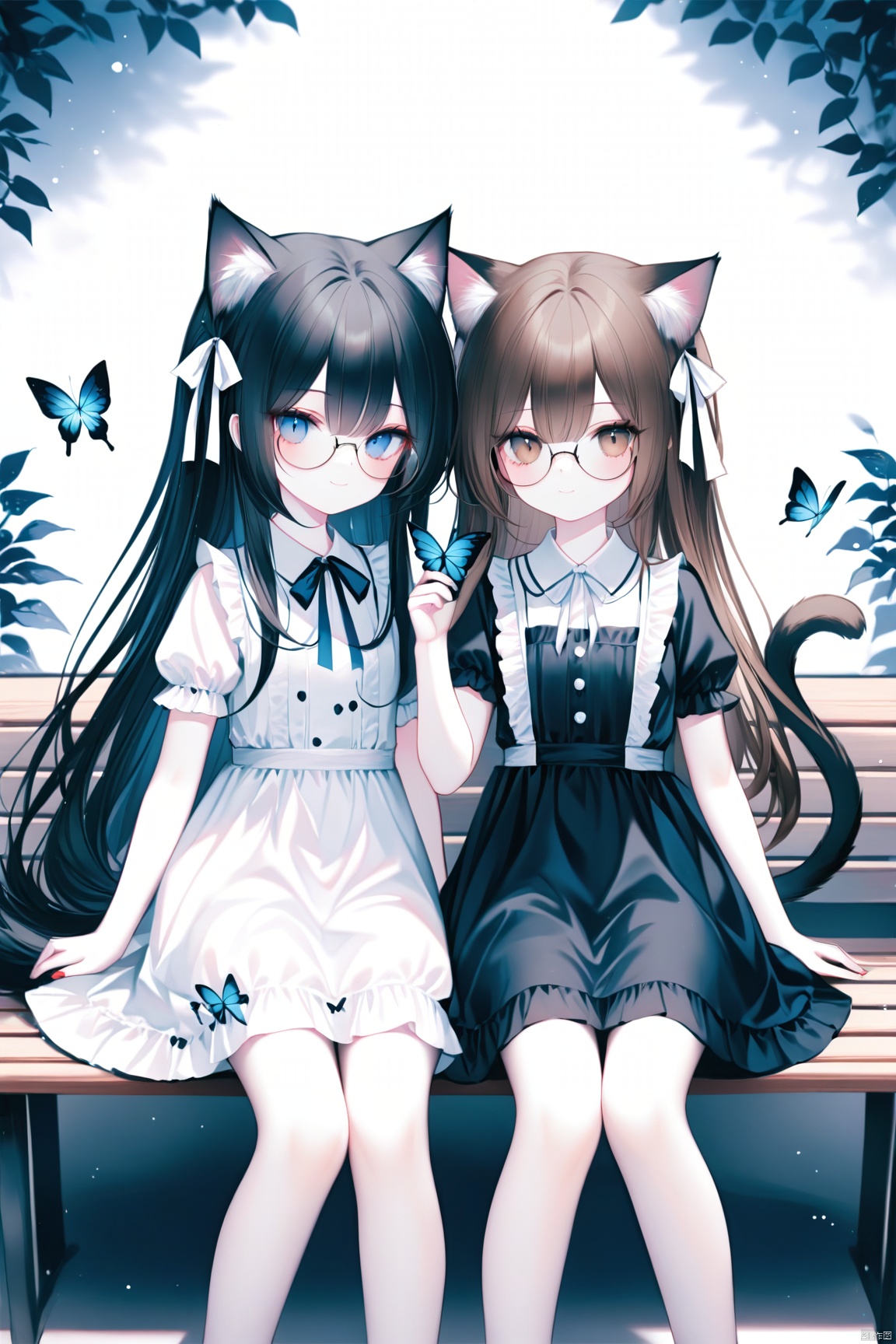 [iumu],[Sheya],[Artist chen bin],long hair, looking at viewer, blush, smile, bangs, blue eyes, multiple girls, brown hair, black hair, white background, dress, ribbon, 2girls, animal ears, hair between eyes, brown eyes, sitting, very long hair, closed mouth, tail, hair ribbon, short sleeves, glasses, cat ears, hand up, white dress, black dress, cat tail, feet out of frame, animal, bug, cat girl, butterfly, white ribbon, black-framed eyewear, round eyewear, covered mouth, bench, on bench, butterfly on hand,loli