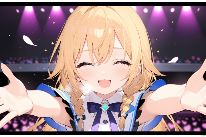 1girl, solo, long hair, smile, blonde hair, closed eyes, braid, virtual youtuber, twin braids, outstretched arms, letterboxed,：3,imminent kiss,heavy breathing, in heat,idol,stage,idol clothes,