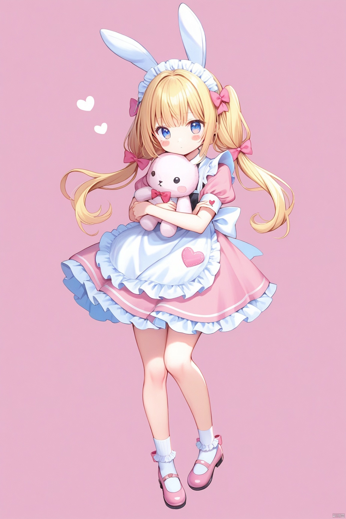  1girl, solo, long hair, looking at viewer, blush, bangs, blue eyes, blonde hair, simple background, dress, bow, holding, animal ears, twintails, closed mouth, standing, full body, short sleeves, hair bow, heart, frills, shoes, socks, puffy sleeves, rabbit ears, apron, puffy short sleeves, maid, maid headdress, low twintails, blush stickers, stuffed toy, pink background, frilled dress, stuffed animal, white socks, pink bow, pink dress, white apron, mary janes, maid apron, frilled apron, object hug, pink footwear, stuffed bunny, bobby socks, holding stuffed toy, frilled socks