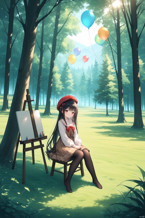  1girl, solo, long hair, bangs, skirt, black hair, long sleeves, hat, dress, sitting, very long hair, pantyhose, outdoors, no shoes, day, tree, black pantyhose, beret, sunlight, grass, nature, scenery, red headwear, forest, brown skirt, balloon,easel,