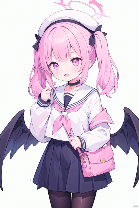 1girl, solo, long hair, blush, open mouth, simple background, long sleeves, hat, white background, twintails, school uniform, collarbone, pink hair, wings, pink eyes, sailor collar, off shoulder, bag, neckerchief, sleeves past wrists, black headwear, beret, halo, head wings, anger vein, black wings, white sailor collar, @ @, pink neckerchief, winged hat, koharu \(blue archive\),下江小春