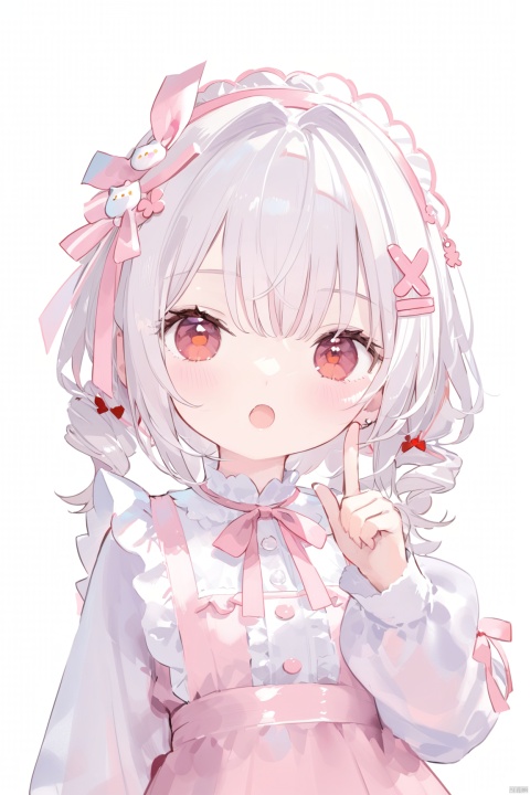 1girl, solo, looking at viewer, blush, short hair, open mouth, bangs, hair ornament, red eyes, long sleeves, ribbon, upper body, white hair, hairband, frills, virtual youtuber, drill hair, hair intakes, x hair ornament, index finger raised,loli,,loli