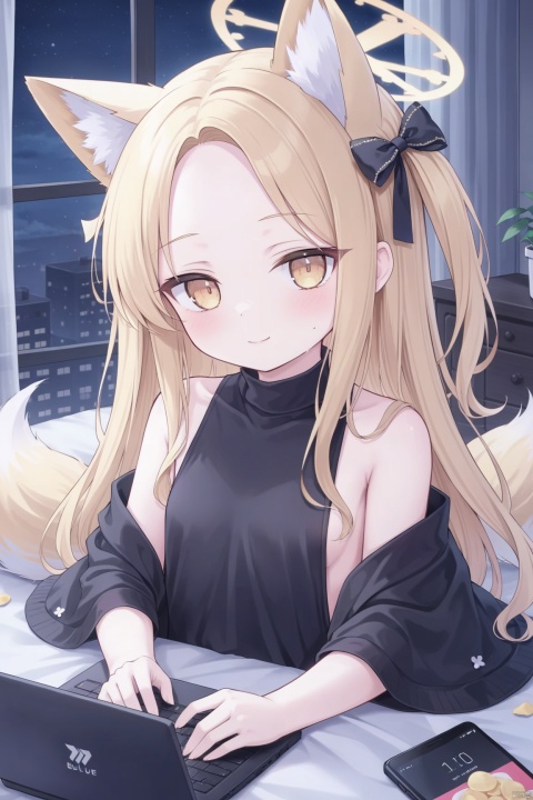 seia (blue archive),1girl,solo,face close-up,alternate costume,animal ear fluff,naked poncho,loose,naked capelet,sideboob,bed,light smile,bare shoulder,hair ribbon,blonde hair,  yellow eyes, animal ear fluff, parted bangs, fox ears,  forehead, shirt,halo,laptop,gamepad,phone,chips,food,curtains,window,bow,Black Theme,night, best quality, amazing quality, very aesthetic, absurdres,seiaBA, loli