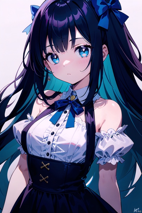 1girl, solo, long hair, breasts, looking at viewer, bangs, blue eyes, black hair, dress, bow, ribbon, holding, very long hair, closed mouth, green eyes, blue hair, upper body, pink hair, hair bow, multicolored hair, puffy sleeves,blunt bangs, black dress, two-tone hair, neck ribbon, night, glowing, blue bow, blue ribbon, bright pupils, colored inner hair, 