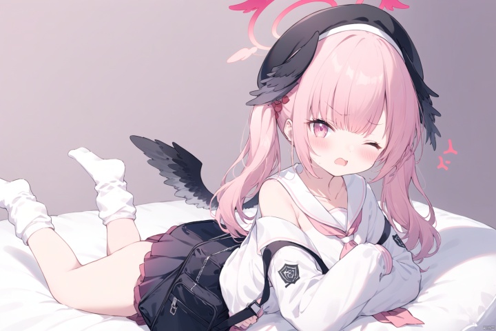 1girl, solo, long hair, looking at viewer, blush, bangs, simple background, open mouth, lying, one eye closed, feet, pillow, halo, on stomach, arms folded over the pillow,white socks,loose_socks,
long sleeves, hat, twintails, school uniform, collarbone, pink hair, wings, pink eyes, sailor collar, off shoulder, bag, neckerchief, sleeves past wrists, black headwear, beret, halo, head wings, anger vein, black wings, white sailor collar, @ @, pink neckerchief, winged hat, koharu \(bluearchive\),下江小春,