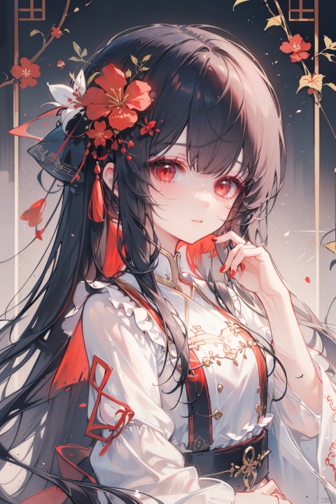 1girl, solo, long hair, looking at viewer, bangs, black hair, hair ornament, red eyes, long sleeves, closed mouth, upper body, flower, frills, chines clothes, hand up, hair flower, blunt bangs, nail polish, makeup, red flower, tassel, red nails, hime cut,loli