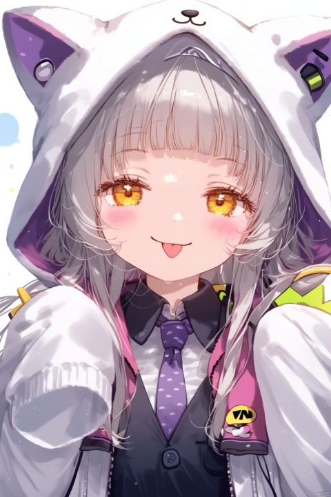 1girl, solo, long hair, looking at viewer, blush, smile, bangs, shirt, long sleeves, jacket, yellow eyes, upper body, grey hair, open clothes, necktie, tongue, collared shirt, hood, tongue out, blunt bangs, sleeves past wrists, black shirt, headphones, :p, hood up, animal hood, purple necktie, murasaki shion,loli, tinkle,dynamic pose,dynamic angle ,