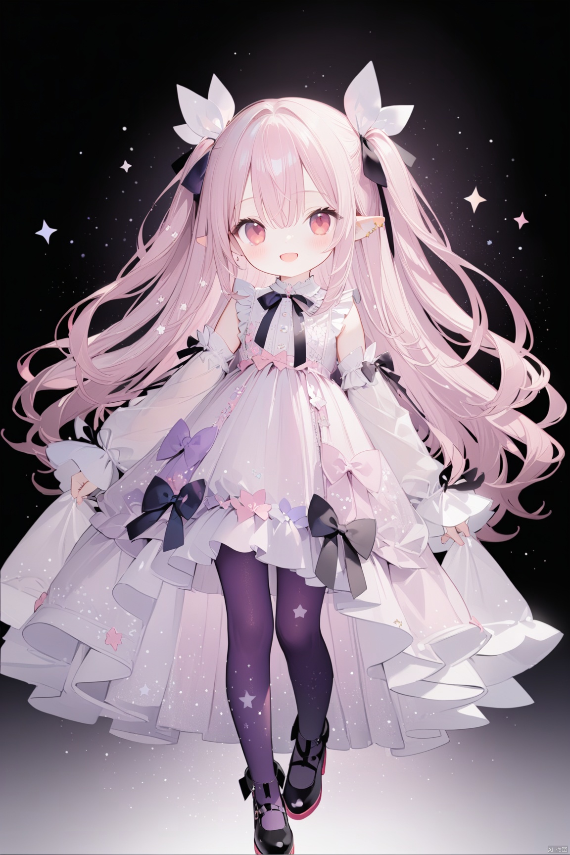 1girl, solo, long hair, looking at viewer, blush, smile, open mouth, bangs, red eyes, long sleeves, dress, bow, ribbon, hair between eyes, very long hair, hair ribbon, pink hair, :d, pantyhose, frills, detached sleeves, shoes, sleeveless, pointy ears, puffy sleeves, virtual youtuber, wide sleeves, black footwear, white dress, two side up, sleeves past wrists, black ribbon, sleeveless dress, puffy long sleeves, white sleeves, purple pantyhose,loli, Starry Sky Skirt