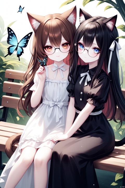 [iumu],[Sheya],[Artist chen bin],long hair, looking at viewer, blush, smile, bangs, blue eyes, multiple girls, brown hair, black hair, white background, dress, ribbon, 2girls, animal ears, hair between eyes, brown eyes, sitting, very long hair, closed mouth, tail, hair ribbon, short sleeves, glasses, cat ears, hand up, white dress, black dress, cat tail, feet out of frame, animal, bug, cat girl, butterfly, white ribbon, black-framed eyewear, round eyewear, covered mouth, bench, on bench, butterfly on hand,loli