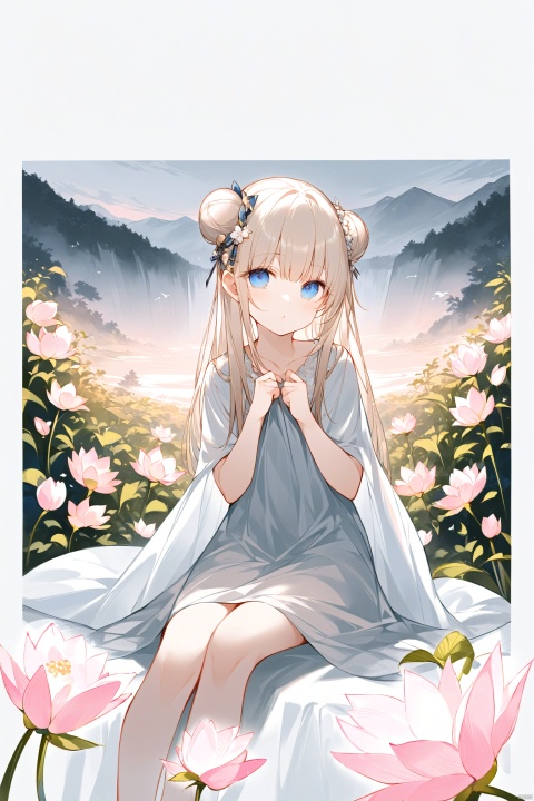 {( with blue eyes, long pale gold hair braided into a flying bun and exquisite hair accessories,long hair),

(Clear facial features, charming eyes, beautiful double eyelids, delicate nose, small mouth, pink lips, baby-like cheeks),

(beautiful, perfect, exquisite),

(There are beautiful flowers, plants and birds in the misty valley, magnificent and historical),

(Wearing exquisite cassocks, bracelets, anklets and elegant ribbons, barefoot, dreamy and elegant,see_through dress),

((Eyes slightly open, hands pinching in front of chest, sitting cross-legged on a lotus, photo: 1.3, RAW file format, master-level illustration work, 32k ultra-high-definition wallpaper, best CG. Gorgeous Sense. Dynamic sense. Vivid sense)): 1.4, 