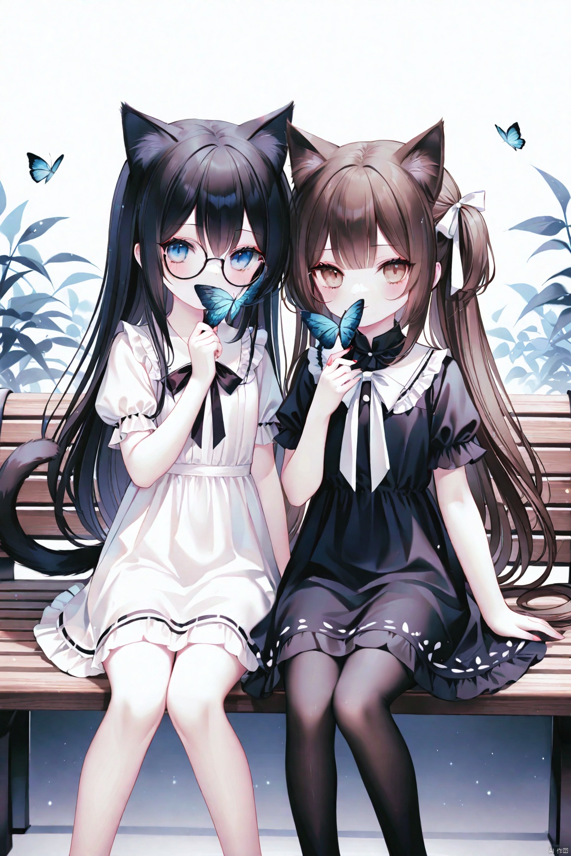 [iumu],[Sheya],[Artist chen bin],long hair, looking at viewer, blush, smile, bangs, blue eyes, multiple girls, brown hair, black hair, white background, dress, ribbon, 2girls, animal ears, hair between eyes, brown eyes, sitting, very long hair, closed mouth, tail, hair ribbon, short sleeves, glasses, cat ears, hand up, white dress, black dress, cat tail, feet out of frame, animal, bug, cat girl, butterfly, white ribbon, black-framed eyewear, round eyewear, covered mouth, bench, on bench, butterfly on hand,loli