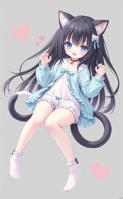 1girl, solo, looking at viewer, smile, open mouth, bangs, blue eyes, black hair, thighhighs, long sleeves, white background, animal ears, tail, full body, :d, heart, shorts, socks, virtual youtuber, cat ears, feet, cat tail, bell, toes, :3, no shoes, soles, cat girl, neck bell, tail ornament, foot focus, claw pose, paw print,loli