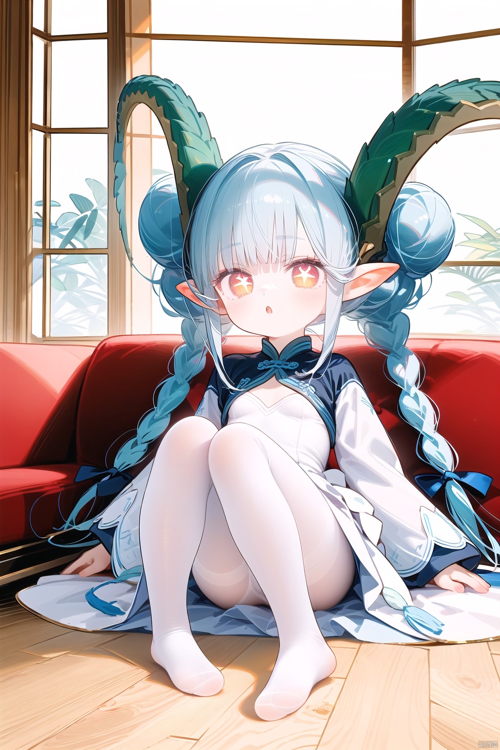  1girl, solo, long hair, looking at viewer, blush, pointy ears, round face,(petite child:1.2),tiamat_(fate),curled_horns,horns,symbol-shaped_pupils,small_breasts,solo,looking_at_viewer,braid,+_+, dress, bow, sitting, very long hair, full body, yellow eyes, hair bow, pantyhose, hair bun, white dress, feet, window, double bun, no shoes, chinese clothes, couch, white pantyhose,pointy ears, round face,(petite child:1.2),tiamat_(fate),curled_horns,symbol-shaped_pupils,small_breasts,solo,looking_at_viewer,braid,+_+,