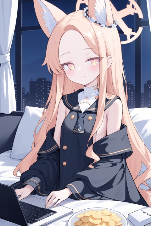 seia (blue archive),1girl,solo,face close-up,alternate costume,animal ear fluff,naked poncho,loose,naked capelet,sideboob,bed,light smile,bare shoulder,hair ribbon,cleavage,halo,laptop,gamepad,phone,chips,food,curtains,window,bow,Black Theme,night, best quality, amazing quality, very aesthetic, absurdres, seiaBA
