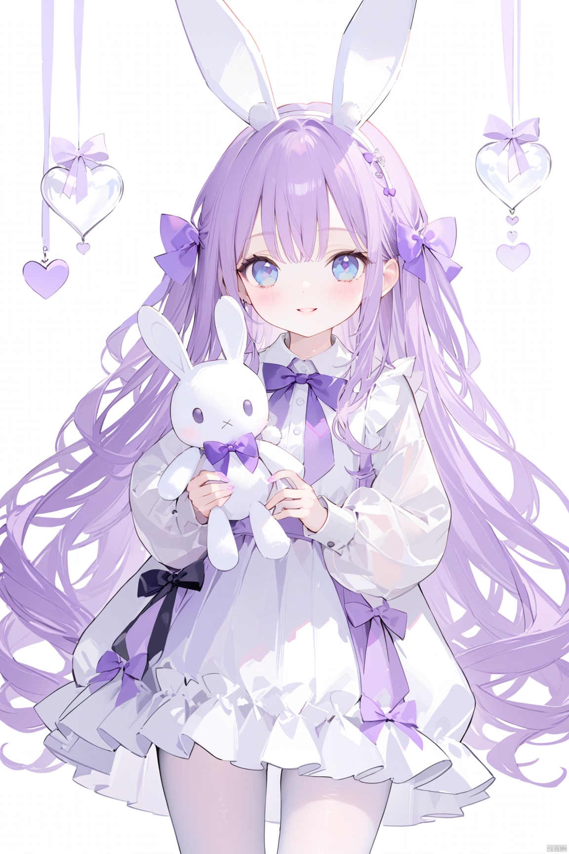 1girl, solo, long hair, looking at viewer, blush, smile, bangs, blue eyes, skirt, shirt, hair ornament, long sleeves, dress, bow, holding, animal ears, very long hair, purple hair, heart, pantyhose, hairband, parted lips, puffy sleeves, white dress, rabbit ears, fake animal ears, stuffed toy, white skirt, stuffed animal, puffy long sleeves, white pantyhose, purple bow, stuffed bunny, holding stuffed toy